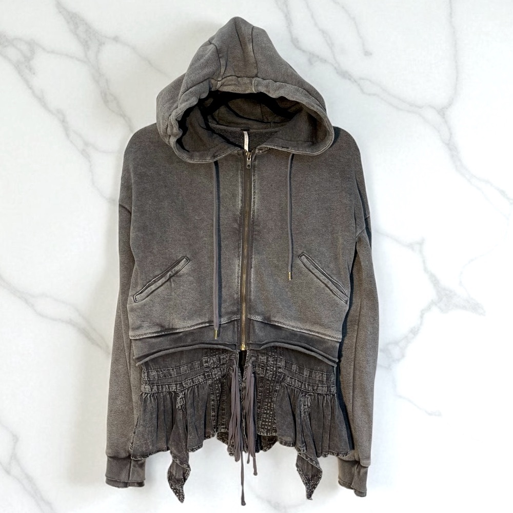 Free People Gray Hooded Sweatshirt with Fringe Detail